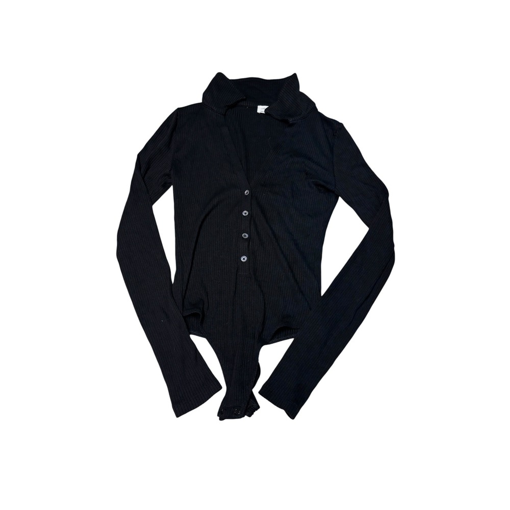 Wilfred Aritzia Black Ribbed Long Sleeve Button Front‎ Bodysuit Small Womens